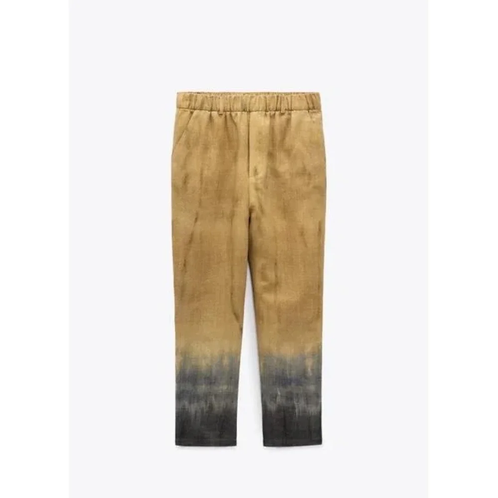 Zara XS Ombre Dip Tie Dye Linen Blend Pull On Trousers Pants Mustard Yellow Grey